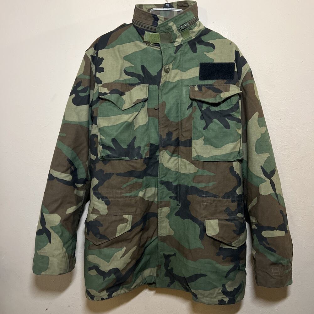 Vtg US Military M-65 Field Jacket Woodland Camo Small Long w/ Quilted Liner Hood